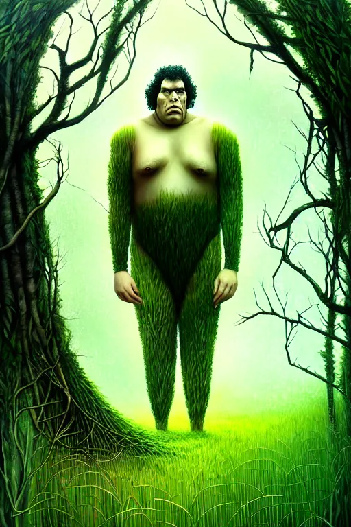 Prompt: andre the giant lies overgrown with grass and trees by anna dittmann