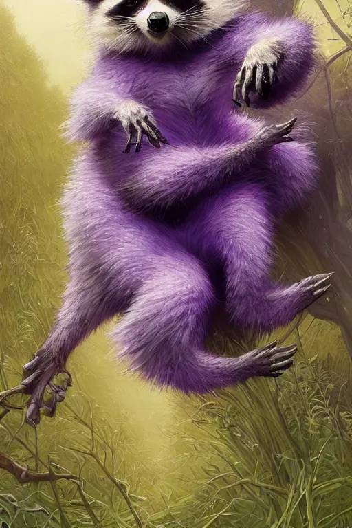 Prompt: purple stelar raccoon by andreas rocha and john howe, and Martin Johnson Heade, featured on artstation, featured on behance, golden ratio, f32, well composed, cohesive