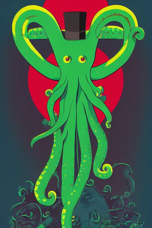 Prompt: a movie poster for the film (green octopus wearing a top hat) by Tom Whalen, highly detailed, award winning creature portrait, surrealism, artstation