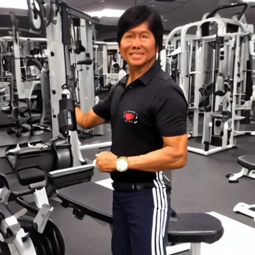 Image similar to A very muscular BongBong Marcos flexing in the gym