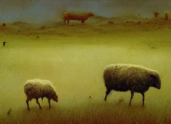 Prompt: shepherd grazes sheep on a green meadow by Luis Royo and Beksinski