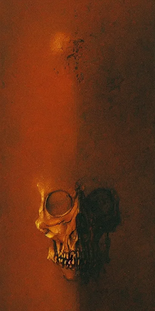 Image similar to portrait of sad man whose half face is golden skull, red ash floating, dust particles, dark atmosphere, lovecraftian, full of emotion, painting by beksinski