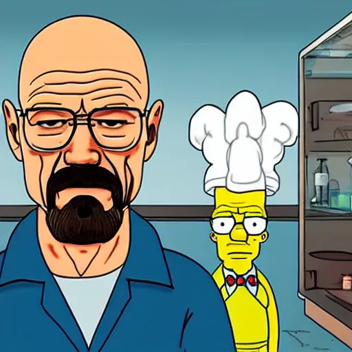 Image similar to walter white cooking meth in a laboratory in the style of the simpsons