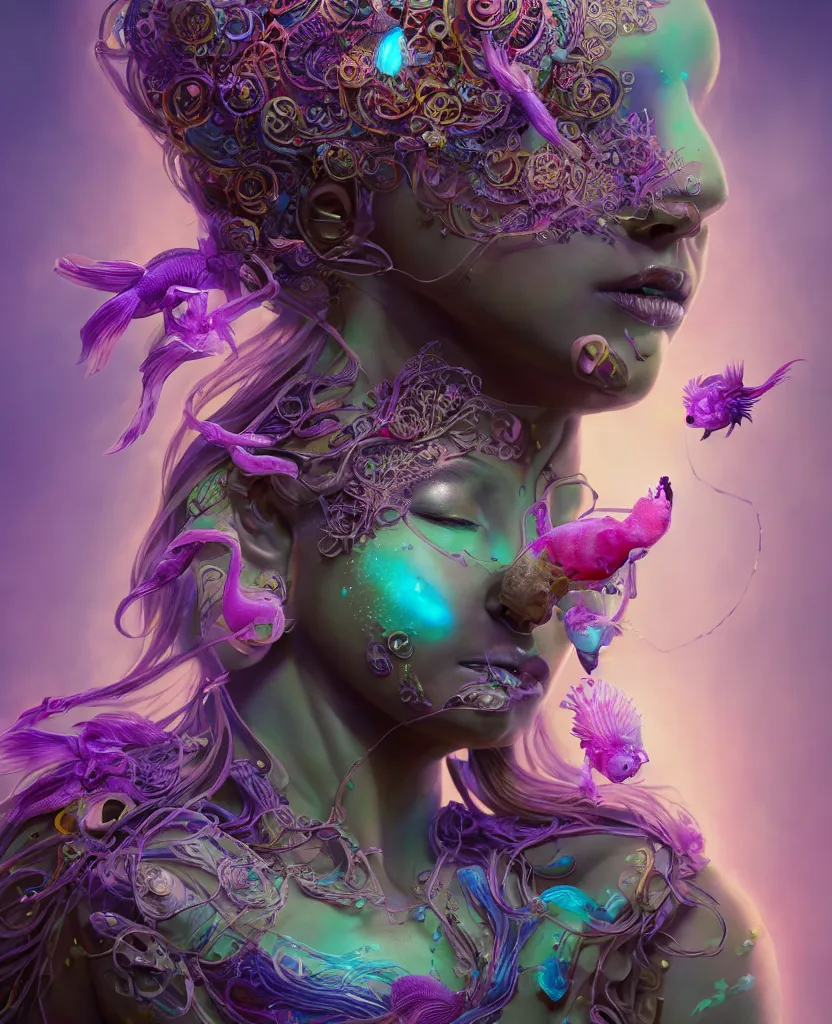 Image similar to goddess full color painted acryllic sculpture close-up portrait. orchid bird phoenix head, nautilus, skull, betta fish, bioluminiscent creatures, intricate artwork by Tooth Wu and wlop and beeple. octane render, trending on artstation, greg rutkowski very coherent symmetrical artwork. cinematic, hyper realism, high detail, octane render, 8k