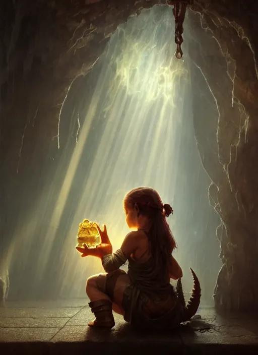 Prompt: A demon looks at a tiny human trapped in a jar, sunrays, dust in the air, DnD character, unreal engine, octane render, dramatic lighting, pond, digital art, by Stanley Artgerm Lau, greg rutkowski, thomas kindkade, alphonse mucha, loish, norman Rockwell,