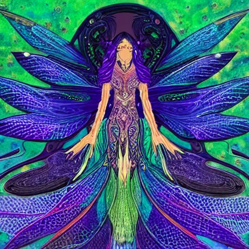 Image similar to brown woman wearing a shiny dragonfly armor. dragon fly wings for hair. green, blue, and purple sheen. intricate. super detailed. layered. textured. award winning. dispersion of light. refracted lighting. soft. fragile.