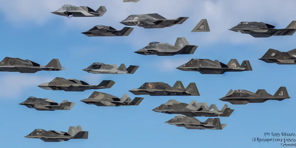 Image similar to an infinite convoy line of F-22's in the sky , extreme wide shot, infinite regression