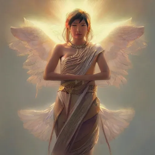 Image similar to Portrait of a Asian Goddess with angel wings, and a glowing halo, white lighting, digital art by Ruan Jia and Mandy Jurgens and Artgerm, highly detailed, trending on artstation, award winning,