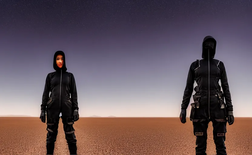 Image similar to photograph of a techwear woman alone, on a desert road with a futuristic city in the horizon, one point perspective, long exposure, 1-point perspective, tilt shift, sigma 85mm f/1.4, 4k, depth of field, high resolution, 4k, 8k, hd, full color