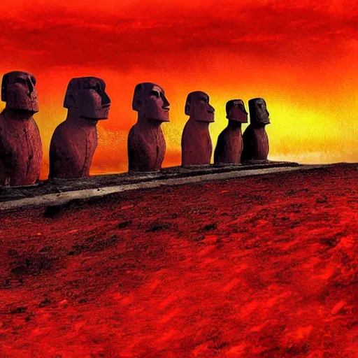 Prompt: a red sky and molten ground landscape, easter island heads are sinking in to the ground crumbling and seems to be fighting a storm or volcano, digital art