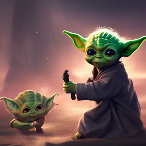 Image similar to Baby Yoda is fighting Thanos, hyperdetailed, artstation, cgsociety, 8k