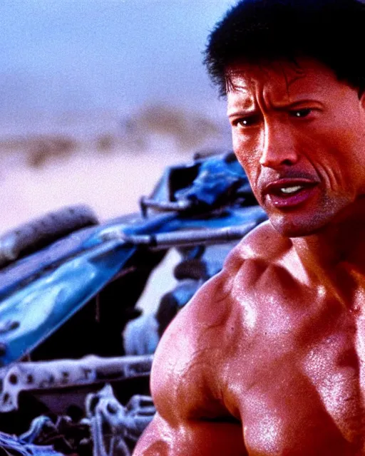 Image similar to film still close up shot of dwayne johnson in the movie mad max 2 the road warrior. photographic, photography