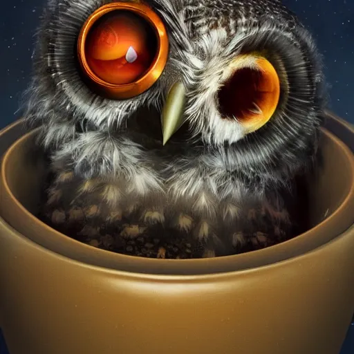 Image similar to long shot of a very cute owl chick nesting in a very futuristic cup, esao andrews, humorous illustration, hyperrealistic, big depth of field, warm colors, night scenery, low light, 3 d octane render, 4 k, conceptart, hyperdetailed, hyperrealistic, trending on artstation