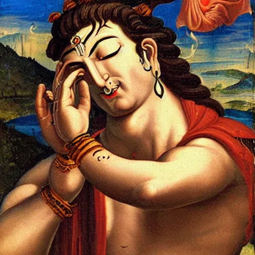 Prompt: muscular Lord Shiva smoking marijuana, in the style of Italian Renaissance