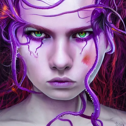 Image similar to detailed photo portrait of a furious teen girl with thin, hair-like purple tentacles on her head and bright purple eyes, 8k,by tristan eaton, Stanley Artgermm,Tom Bagshaw,Greg Rutkowski,Carne Griffiths,trending on DeviantArt, face enhance,hyper detailed ,full of colour, dramatic lightning