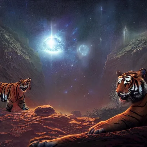 Image similar to out in the dark, among the stars, the tiger is dead by barclay shaw, andreas rochas, dan mumford craig mullins., intricate details, illustration, dynamic lighting, unreal engine, featured on artstation, soft glow