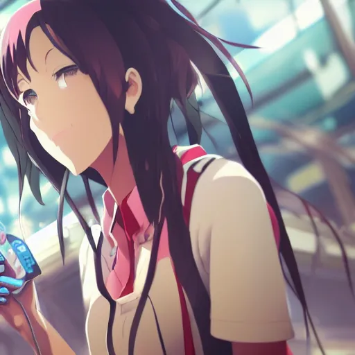 Prompt: closeup of an Anime girl taking the metrocable in Medellin, Artwork by Makoto Shinkai, official media, 8k, pixiv, high definition, wallpaper, hd, digital artwork