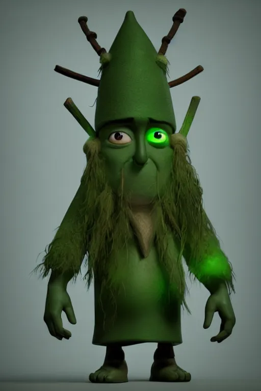 Prompt: A cute shaman from a Pixar movie with no nose, glowing eyes and a very long hooded dark green cloak of leaves by Julien Kaspar, 3D render, stylized, Cycles Render