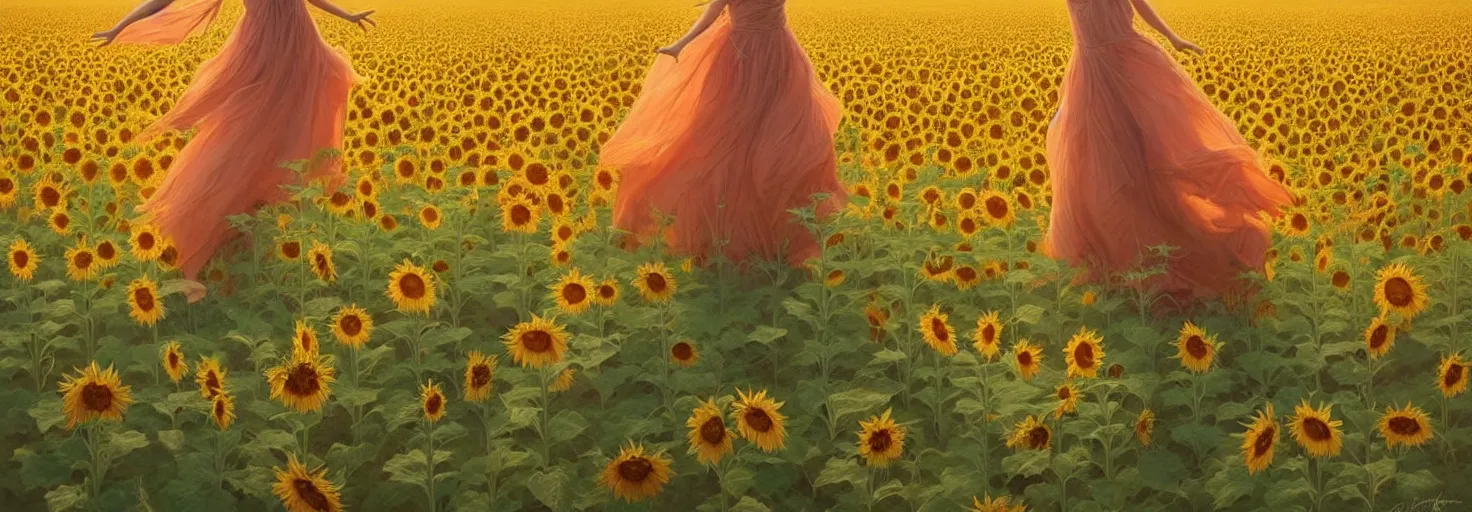 Image similar to beautiful young girl dancing in a fiery dress in a beautiful field of sunflowers and lilies, high detail, very realistic, by greg rutkowski, by james gurney ultra clear detailed, digital painting by ( ( makoto shinkai ) ), moebius moebius, surrealism, trending on artstation