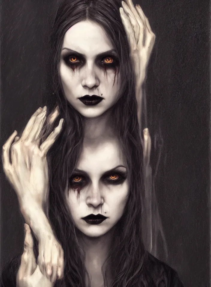 Image similar to a half portrait of a young female vampire wearing a gothic dress from skyrim, fantasy setting, beautiful face, dark colors, scary lighting, atmospheric, cinematic, moody, in the style of diego koi, gina heyer, luiz escanuela, art by alyssa monk, hyperrealism, rule of thirds, golden ratio, oil on canvas, 8 k