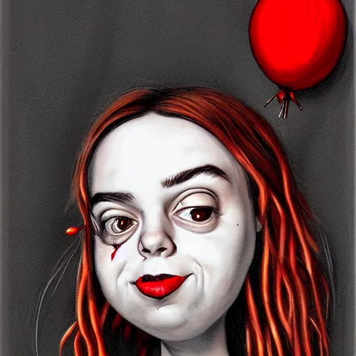 Image similar to surrealism grunge cartoon portrait sketch of billie eilish with a wide smile and a red balloon by - michael karcz, loony toons style, family guy style style, horror theme, detailed, elegant, intricate