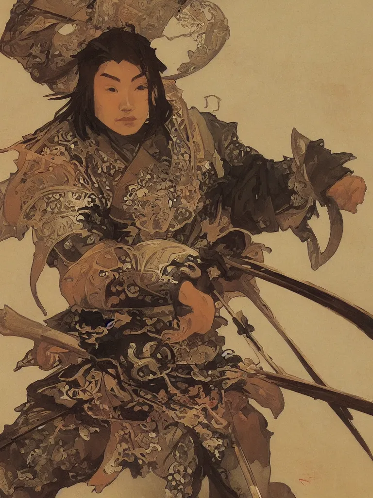 Image similar to close up of a samurai in full armor, by fiona staples, alphonse mucha, greg manchess