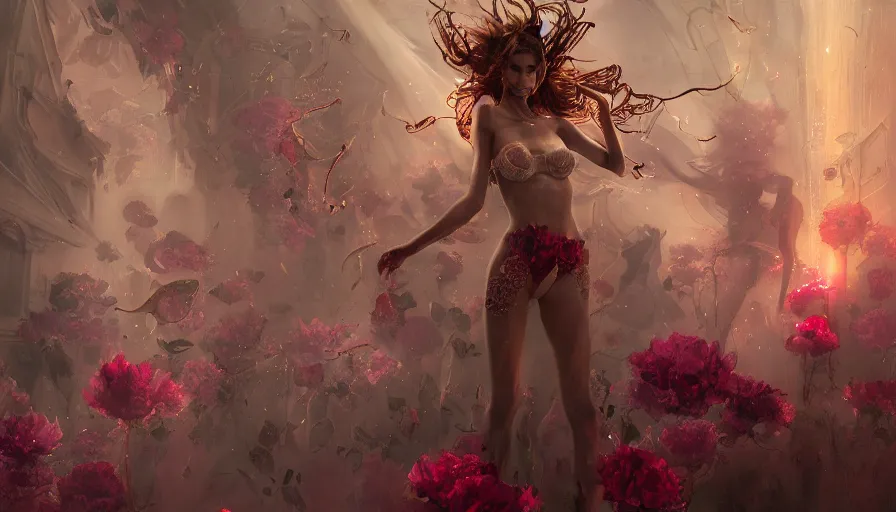 Image similar to victoria secret runway show, light, shadows, reflections, flowers, epic composition, intricate, elegant, volumetric lighting, digital painting, highly detailed, artstation, sharp focus, illustration, concept art, ruan jia, james jean, peter mohrbacher, steve mccurry, raymond swanland, peter andrew jones, greg rutkowski, concept art, iconic