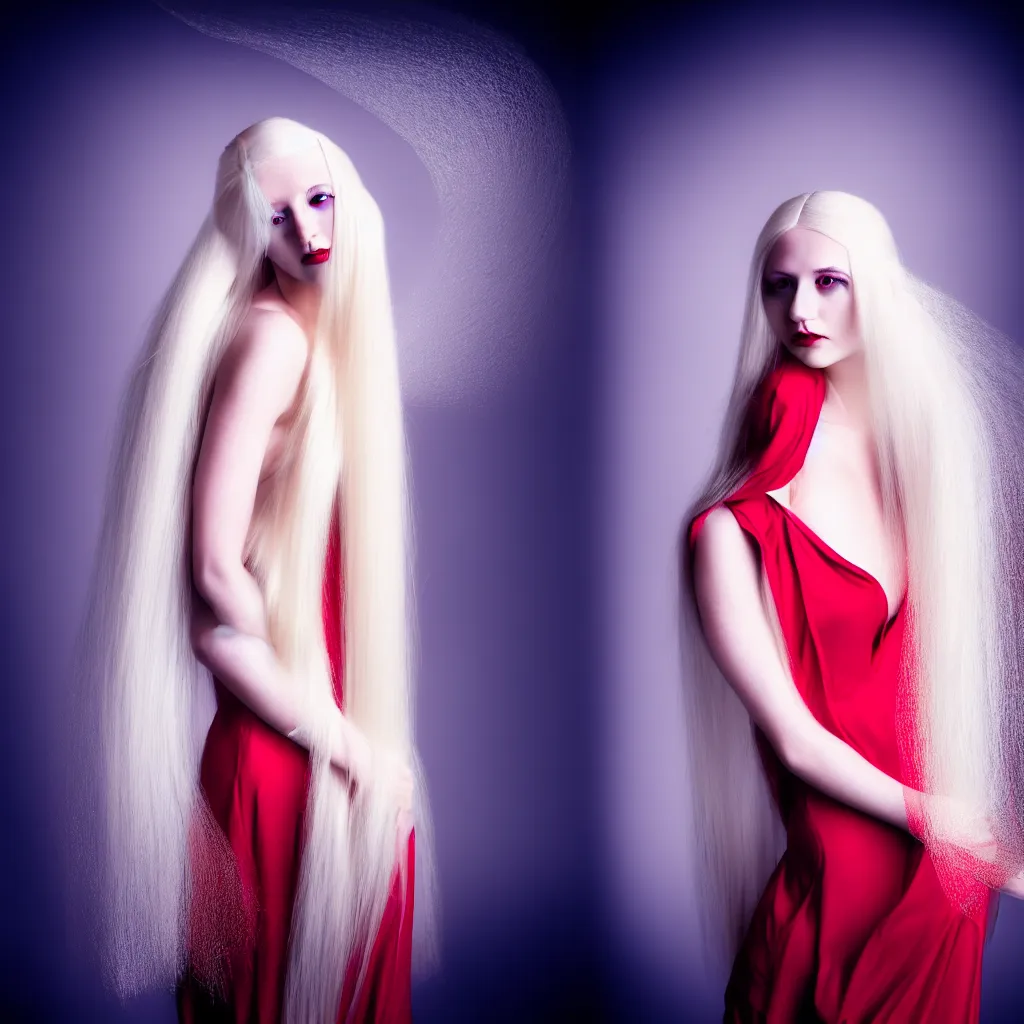 Prompt: a young woman with long blond hair dressed in long white, fine art photography light painting in style of Paolo Roversi, professional studio lighting, dark red background, hyper realistic photography, fashion magazine style