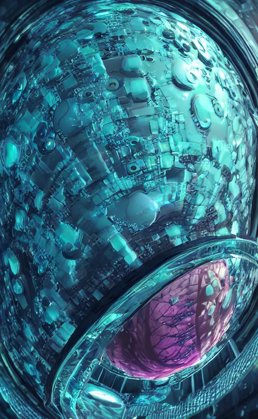 Prompt: biotech organic bubble portrait of a mandelbulb, cyberpunk, weird, octane render, hyper realistic reflections, graphic, hd, 8 k, vivid colors