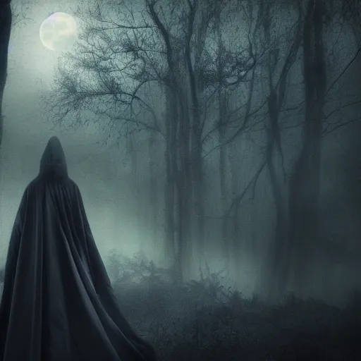 Image similar to a lady in a dark cloak suspended in mid air, seen from behind, ancient forest, mist, moonlight, 35mm, photorealistic, realistic, deviantart, gloomy atmosphere, high definition