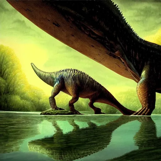 Image similar to dinosaur in water inspired by jacek yerka, cinematic