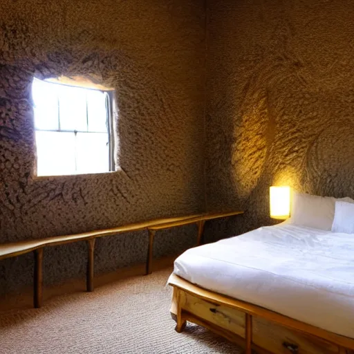 Image similar to bed inside a room, bee hive walls