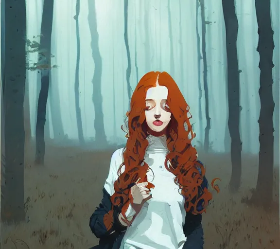 Prompt: portrait woman with long ginger curly hair in the woods, by atey ghailan, by greg rutkowski, by greg tocchini, by james gilleard, by joe fenton, by kaethe butcher, by ashley wood, dynamic lighting, gradient light blue, brown, blonde cream and white color scheme, grunge aesthetic