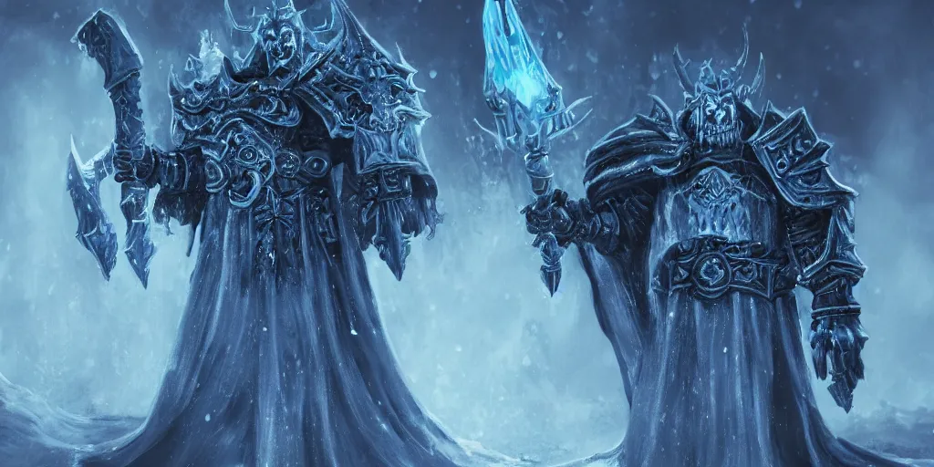 Image similar to the lich king from world of warcraft sitting on the frozen throne trending on artstation