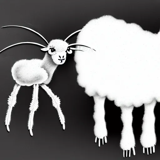 Image similar to transparent flat sheep in spiderweb clothes. fusion between lamb and cobweb. white eyes. pencil sketch, concept artsheep shape morph spider web