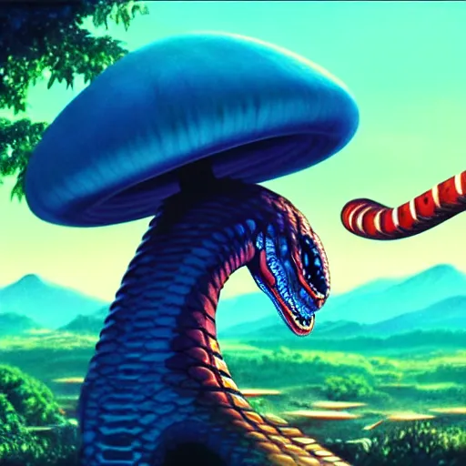 Prompt: shoulder up Portrait of a hyper realistic scary snake smoking an anime cigarette, mushroom hut in background , cel animation by Tokyo Movie Shinsha and Greg rutkowski, psychedelic, post-processing , IMAX , vibrant colors , award-winning masterpiece 20 years in the making