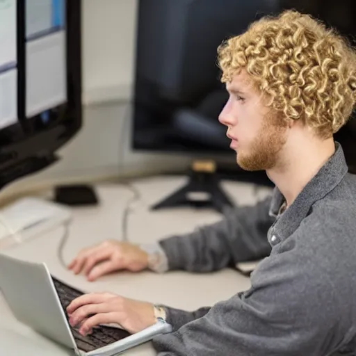 Prompt: a young man with curly blonde hair works diligently at his computer