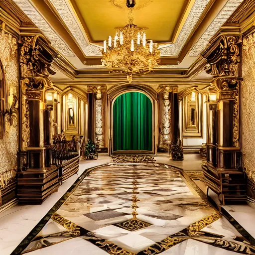 Image similar to a realistic photo of a large lavish victorian style mansion entrance hall made entirely of malachite with golden accents on the walls, and a dark marble floor; cinematic lens, 8K award-winning photo