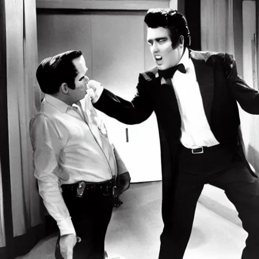 Prompt: an award winning photograph of Richard Nixon and Elvis Presley fighting crime, 70\'s TV show