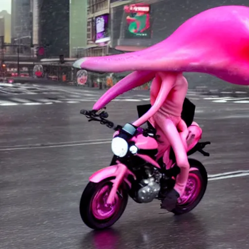 Prompt: hyper realistic, photo, humanoid pink female Squid girl, popping wheelie on motorcycle fast in the rainy city traffic