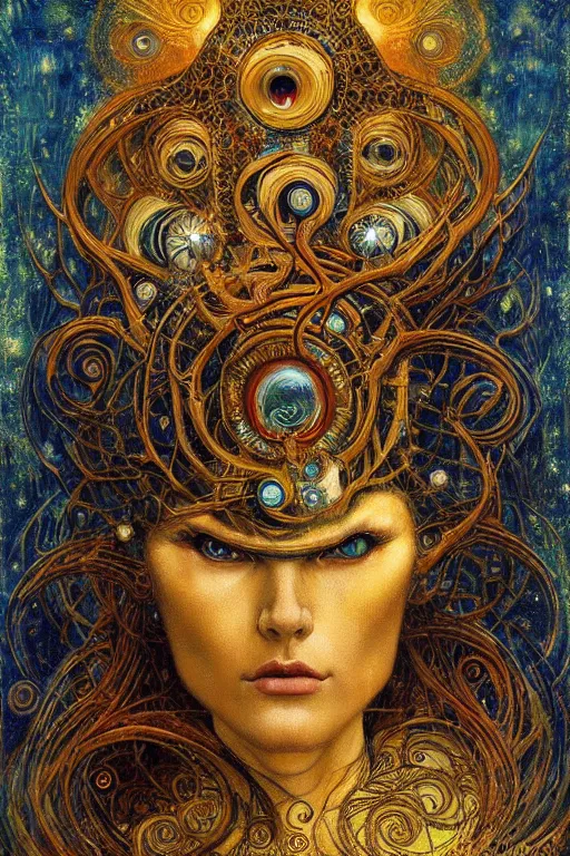 Image similar to Divine Chaos Engine by Karol Bak, Jean Deville, Gustav Klimt, and Vincent Van Gogh, beautiful visionary mystical portrait, sacred, otherworldly, fractal structures, ornate gilded medieval icon, third eye, spirals