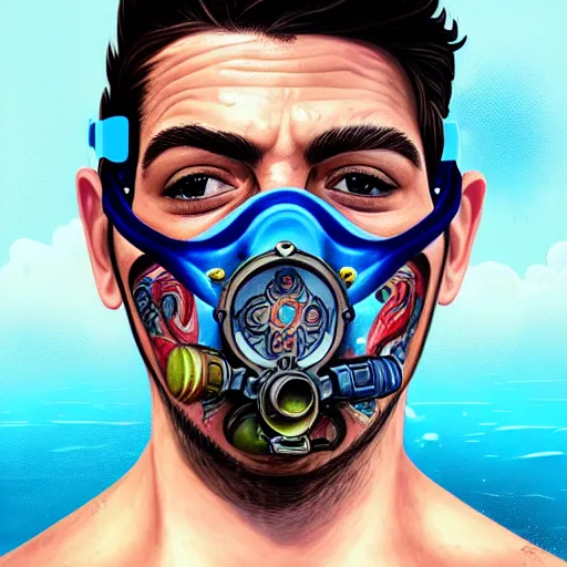 Image similar to a profile photo of a man with underwater mask with tattoos on arm and neck, side profile in underwater, highly detailed, digital painting, artstation, illustration by Sandra Chevrier