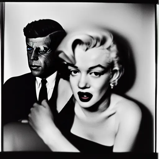 Image similar to damaged photo of marilyn monroe and jfk by diane arbus, black and white, high contrast, out of focus, rolleiflex, 5 5 mm f / 4 lens