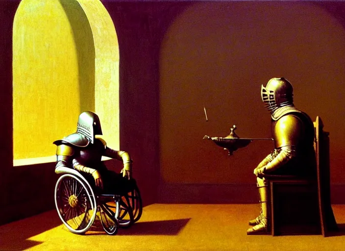 Image similar to knight in rich armor in a wheelchair do tricks & watch old tv, rome, highly detailed, soft lighting, elegant, by edward hopper and james gillard, zdislaw beksinski, stephen outram, andreas m wiese, carl spitzweg, highly detailed, masterpiece, unreal 6, 8 k