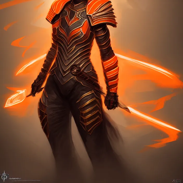 Image similar to masterpiece portrait of a d & d ranger with her quantum armor, orange and white, volumetric lighting, fantasy, intricate, elegant, lifelike, photorealistic, artstation, concept art, sharp focus, magic the gathering art