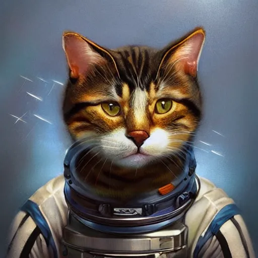 Image similar to head and shoulders masterpiece portrait of a cute adorable cat wearing a spacesuit, surreal background, digital art by krenz cushart, trending on artstation, cgsociety,