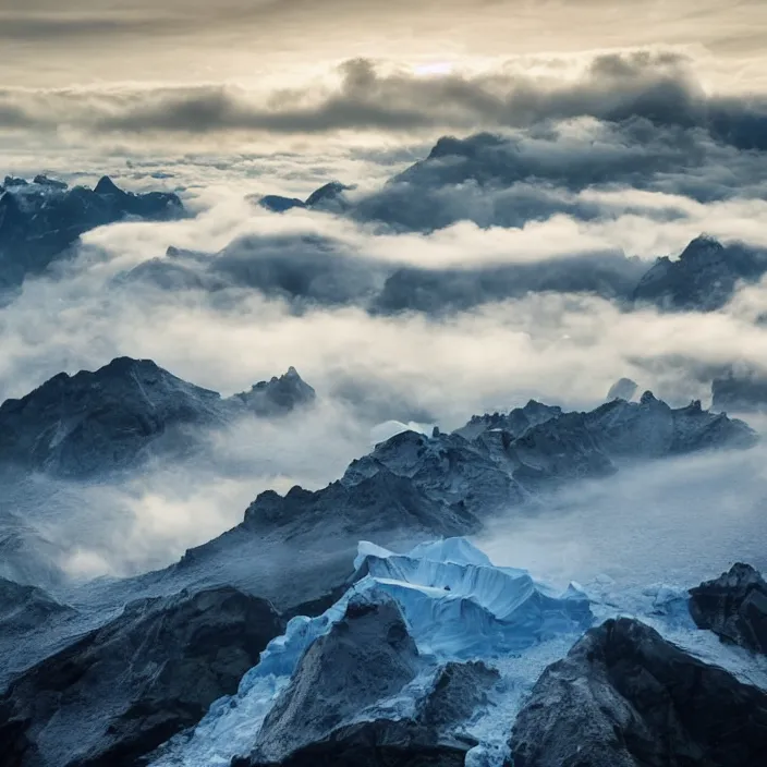 Prompt: award winning photo of floating glacier in the sky surrounded by clouds and mist, mysterious,