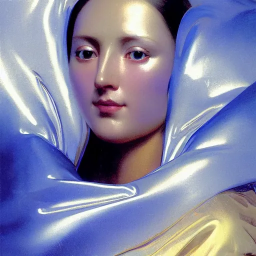 Image similar to a chrome woman's face in flowing sheets of cobalt blue gold chrome silver satin, by ivan aivazovsky syd mead moebius roger dean donato giancola michael whelan yoshitaka amano jan de heem pieter claesz paul delaroche alma tadema aelbert cuyp willem claesz isaac levitan, hyperrealistic volumetric light render