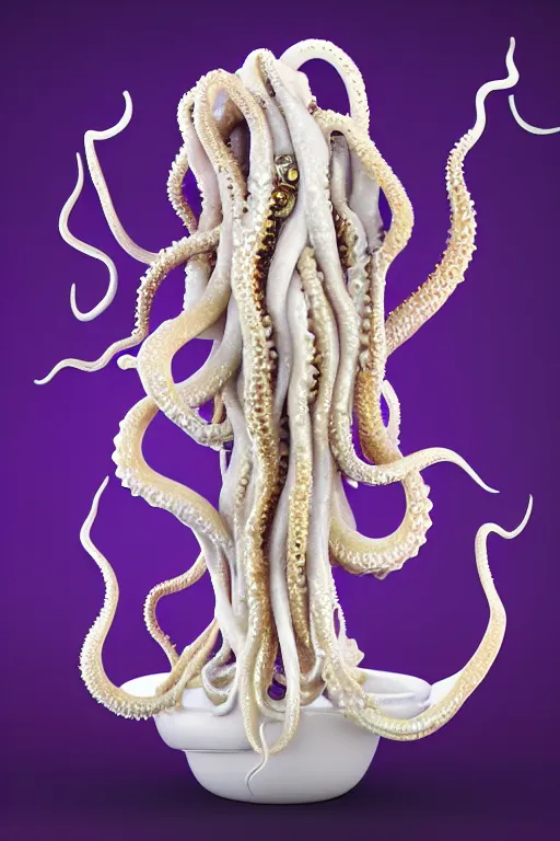 Image similar to 3 d sculpture white porcelain cobweb made of octopus tentacles and eyes, floating in purple space, gold details, very detailed, highly intricate, ornate, pearlescent, octane render, 8 k,