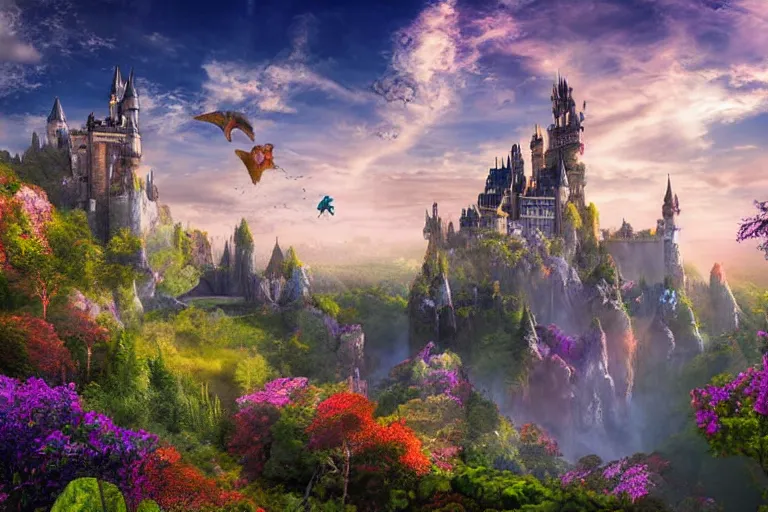 Image similar to a stunning and intricate photograph of a fantasy world, castle in the background, multicolor sky, highly detailed